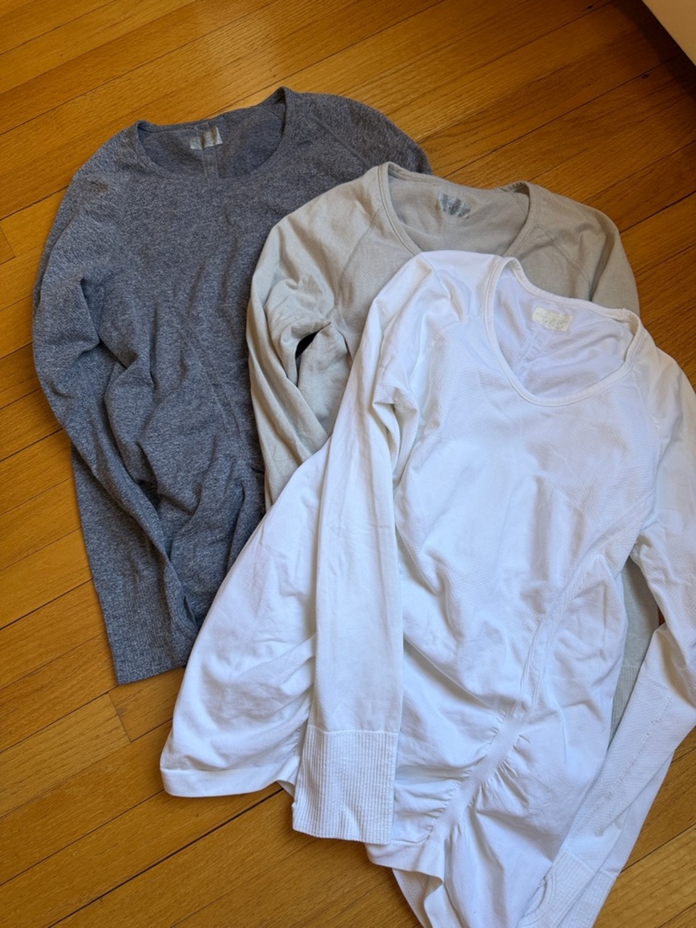 Athleta Long Sleeve Tees in White, Light Gray, and Navy